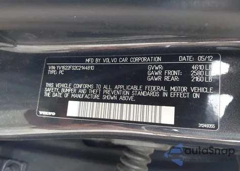 2012 Volvo S60 T5 z USA, uszkodzony, nr VIN YV1622FS2C2144810